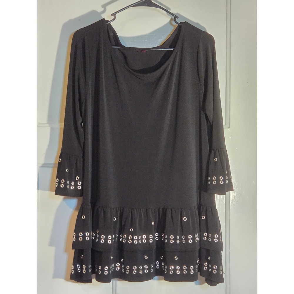Fontana Black Grommet Eyelet Ruffle Hem Bell Sleeve Tunic Mini Dress Large